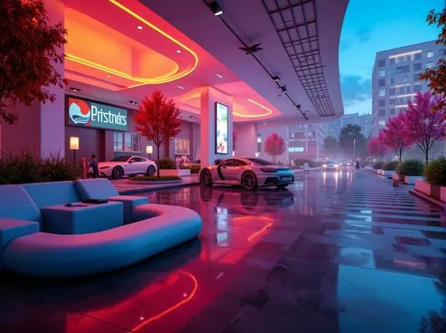 Vibrant plastic textures, futuristic product design, bold color schemes, glossy finishes, smooth curves, ergonomic shapes, modernist architecture, urban cityscape, neon lights, misty atmosphere, shall