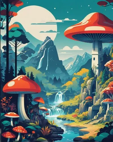 mushroom landscape,mushroom island,futuristic landscape,fantasy landscape,alien world,sci fiction illustration,elves country,cartoon forest,cartoon video game background,alien planet,shambhala,rivendell,agarics,mushrooms,forest mushrooms,shrooms,forest mushroom,toadstools,ecotopia,mountain scene,Art,Artistic Painting,Artistic Painting 43