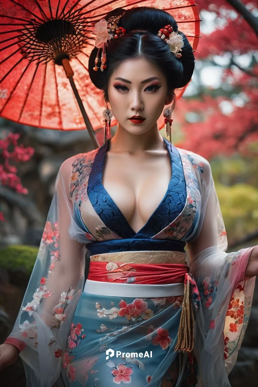 Beautiful woman, UPSCALED, full body, 18K, Realistic, Hyper detail face, beautiful face, wearing parts of a translucent tulle Japanese Geisha dress and a lace underwear hyper detailed, using an awesom