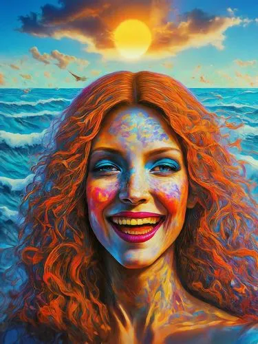 sun sunrise,siren,world digital painting,oil painting on canvas,the sea maid,a girl's smile,psychedelic art,sea,rusalka,the people in the sea,sun and sea,bodypainting,ecstatic,merfolk,sun,medusa,oil p