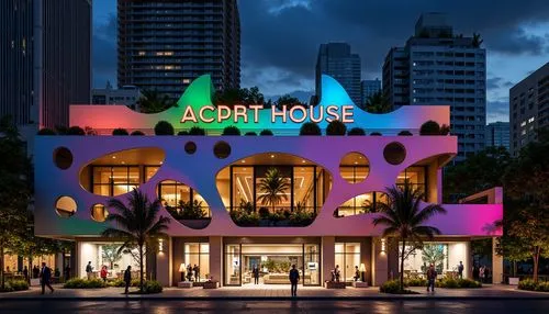 Vibrant concert house, eclectic facade design, bold color blocking, irregular shapes, fragmented forms, ornate details, historical references, playful juxtapositions, dynamic LED lighting, urban citys