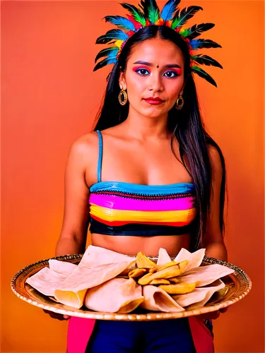 Traditional Aztec woman, standing, colorful tribal clothing, feathers in hair, bold makeup, golden jewelry, holding a tray of traditional dishes, tamales, tacos, mole poblano, churros, fresh fruits, v