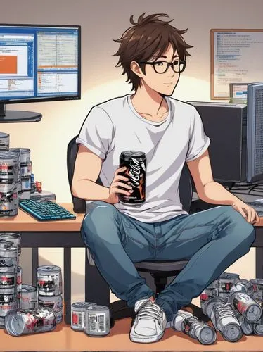 Linux system, checking processor architecture, tech-savvy male programmer, messy brown hair, black-rimmed glasses, white T-shirt, worn-out jeans, sneakers, sitting in front of a desk with multiple mon