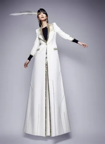 a woman standing in a long white coat,kunqu,ao dai,nunsense,zoroastrian novruz,diaochan,cassock,Photography,Fashion Photography,Fashion Photography 14