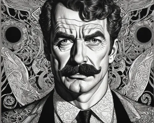 dali,sherlock holmes,holmes,david bates,paisley digital background,paisley,el salvador dali,walt,flanders,groucho marx,escher,paisley pattern,sherlock,moustache,the doctor,romanescu,two face,monoline art,inspector,vincent van gough,Illustration,Black and White,Black and White 11