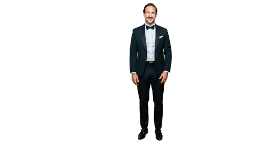 Middle-aged, man, solo, (40yo), smiling face, blue eyes, thinning hair, combed back, mustache, formal attire, white dress shirt, black bow tie, fitted suit, cufflinks, polished leather shoes, standing