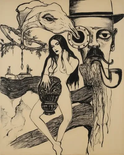 a drawing of a man and woman in front of a horse head,capossela,zbb,stanshall,cocorosie,zarathustra,tellier,Art,Artistic Painting,Artistic Painting 01