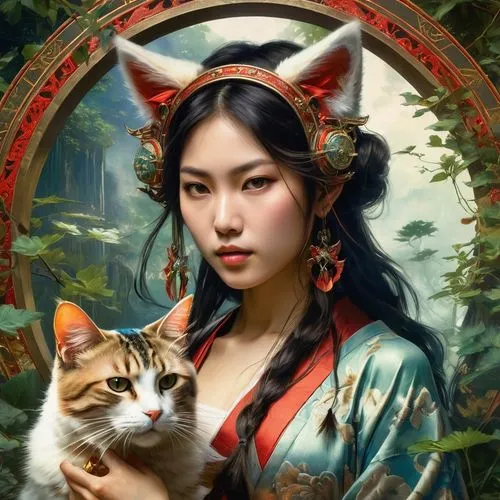 miao,oriental princess,kitsune,fantasy portrait,oriental painting,oriental girl,Conceptual Art,Fantasy,Fantasy 05