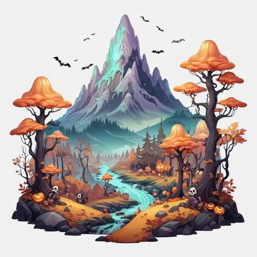 mushroom landscape,mushroom island,autumn mountains,autumn background,fairy village,autumn theme,Illustration,Abstract Fantasy,Abstract Fantasy 11