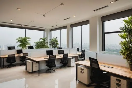 Modern Indian architecture firm, glass facade building, sleek lines, steel frames, wooden accents, indoor plants, open concept office space, collaborative workstations, minimalist decor, ergonomic cha