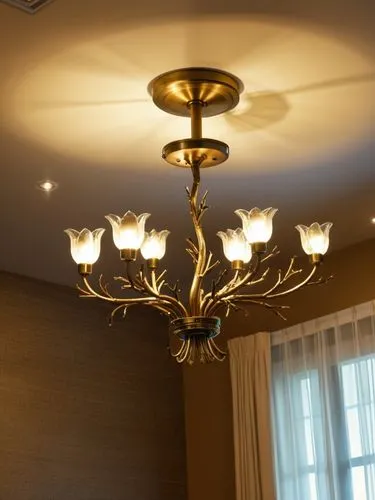 6 light twig semi flush with glass flowers finish in antique brass wrap in wires,a large chandelier hanging in a living room with windows,ceiling lamp,ceiling light,chandeliered,chandeliers,wall lamp,