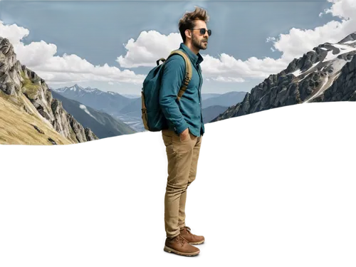 Voyage, photographer, male, 30s, holding camera, khaki clothing, backpack, sunglasses, messy hair, beard, standing, mountainside, scenic view, blue sky, fluffy clouds, panoramic view, natural light, w