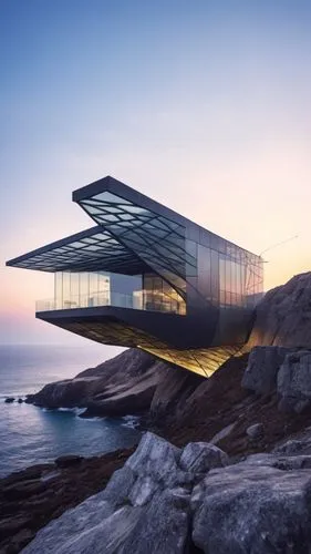 an architectural marvel nestled within a rugged cliff, overlooking the vast expanse of the ocean. This unique structure draws inspiration from the intricate and fascinating features of a housefly, tra