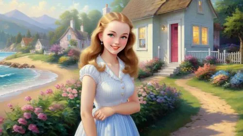 Romantic masterpiece oil painting, cute girl portrait, nostalgic 1950's style kitsch, seaside cottage landscape, summer beach scenery, by Thomas Kinkade, by Bob Ross,avonlea,dorthy,girl in the garden,