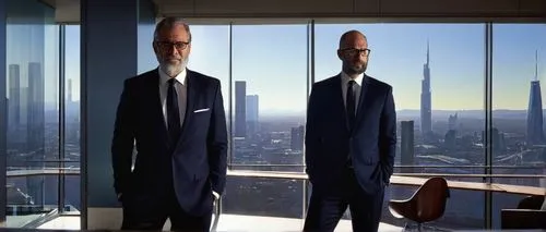 David Charteris, architectural designers, middle-aged man, beard, glasses, white shirt, black tie, dark blue suit, standing, confident posture, hands behind back, modern architecture office, large win