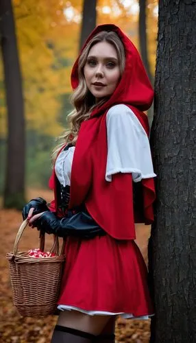 (((((Elizabeth Olsen)))))(((simple real image)))((()))) ((wearing a costume(((((ghotic Little Red Riding Hood cosplay))))) custom with outside braid(((belly out))),mini skirt,t))), big earphones ((lea