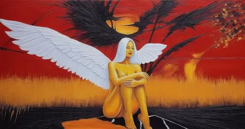 Passion Sexy Painting ,Naked Woman  Abstract Body Art Oil Painting,a painting of an angel with its arms wrapped around her knees,the angel with the cross,fire angel,angelology,phenix,pheonix,seraphim,