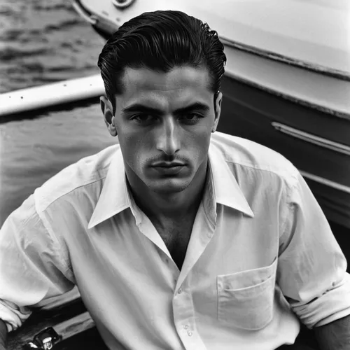 A 24 years old fit italian mobster man, 1950 vintage, vintage boat, brief, luxury,george paris,model years 1960-63,joe iurato,pompadour,1950s,george russell,alex andersee,male model,50's style,gregory