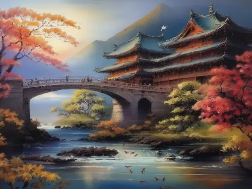 japan landscape,oriental painting,chinese art,japanese art,autumn landscape,autumn scenery,beautiful japan,landscape background,dragon bridge,fantasy landscape,autumn in japan,rainbow bridge,hall of s