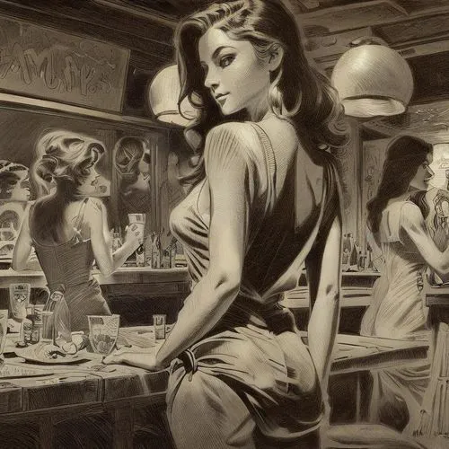 a drawing of a woman sitting at a bar,woman at cafe,diethylstilbestrol,barmaid,vintage makeup,perfumer,vintage woman,Art sketch,Art sketch,Traditional