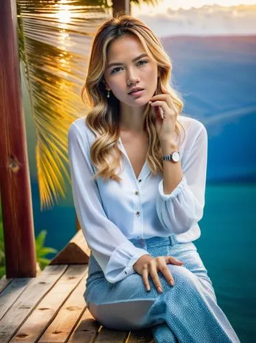 asian woman sitting on wooden bench outside posing for pograph,a woman in white shirt and blue skirt sitting down,poki,zarkasih,beach background,social,laotian,anastasiadis,Photography,Documentary Pho