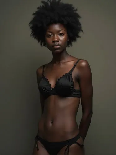 Ifunanya Aderinsola from Nigeria in her hairy beauty. Her body is hairy like an apeman. She wears a black bra and thong panties.,an attractive woman wearing lingerie poses in black,black skin,beautifu