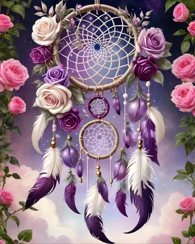 dreamcatcher,dream catcher,harp with flowers,wind chime,wind bell,purple rose,floral and bird frame,crown chakra flower,purple frame,flower frame,rosa 'the fairy,the lavender flower,rose wreath,frame 