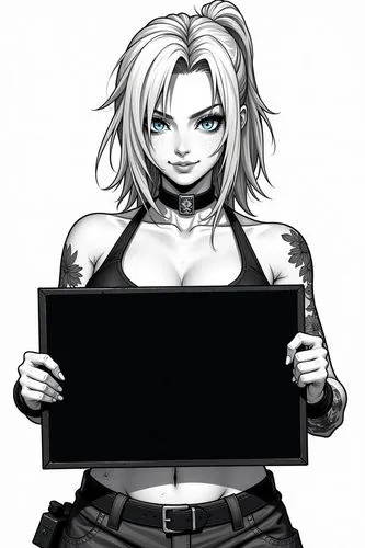 A high-contrast, black-and-white mugshot of a Caucasian female character with messy, medium-length blonde hair and striking, bold facial features, holding a blank placard in front of them at chest lev