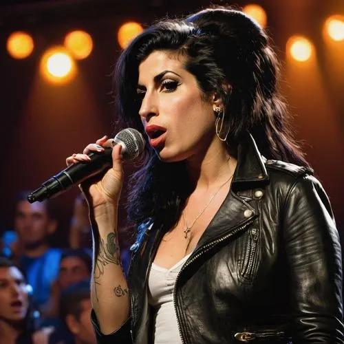 A captivating, photo-realistic portrait of 36 years old Amy Winehouse, standing confidently on a rock concert stage, illuminated by the glaring stage lights. She dons a wide-open, off-the-shoulder bla