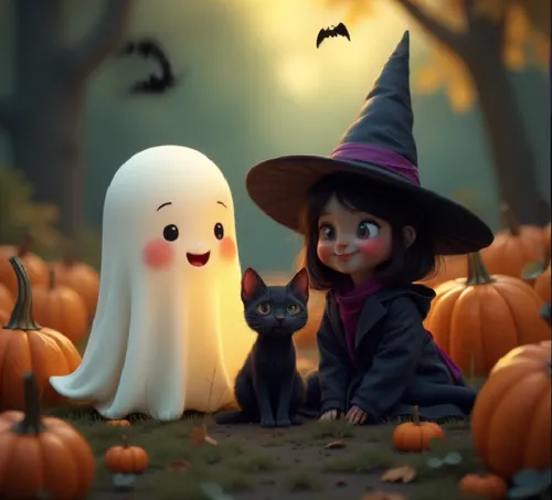 Halloween Fofo,little girl wearing witch costume and sitting next to ghost with cat,halloween scene,halloween illustration,halloween ghosts,halloween background,halloween wallpaper,boo