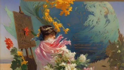 girl picking flowers,girl in flowers,sunflowers in vase,flower painting,girl in the garden,girl with cloth,girl in cloth,girl in a wreath,oil painting,splendor of flowers,vietnamese woman,fiori,little girl in wind,blanket of flowers,falling flowers,italian painter,easel,painting,floral frame,girl in a long dress,Art,Classical Oil Painting,Classical Oil Painting 42