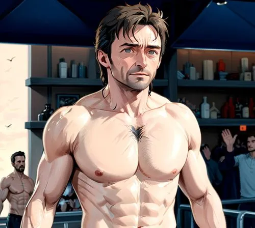 hugh jackman naked,the man is  in front of a group,jackman,tony stark,bigby,male character,muscle man,wolverine,Anime,Anime,General