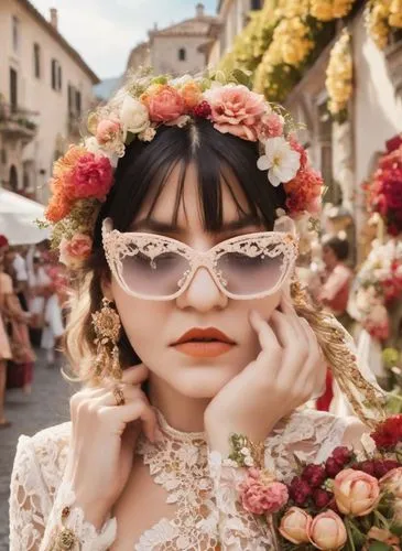 woman wearing a flower crown and wearing white sunglasses,girl in flowers,vintage floral,vintage flowers,beautiful girl with flowers,floral frame,girl in a wreath,Photography,Natural