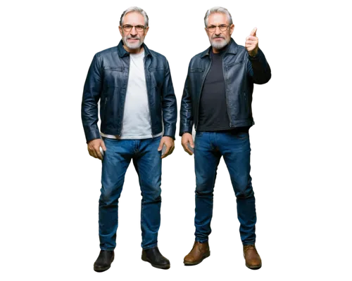 Sexy old man, muscular arms, grey hair, glasses, thick beard, mature face, wrinkles, silver watch, black leather jacket, white shirt, dark blue jeans, boots, standing, confident pose, low-angle shot, 