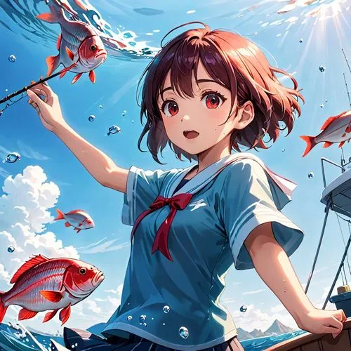 A Japanese fishing girl on a boat catching a red sea bream (madai) from the ocean, captured from a low-angle shot close to the water surface. She is excited and pulling the fish up with vigor. There a