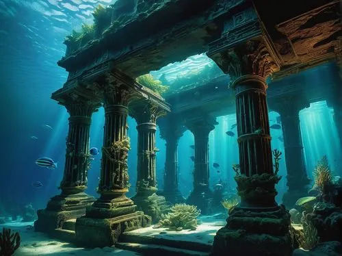 Atlantis, deep sea, underwater city, ancient ruins, mysterious artifacts, ornate architecture, intricate carvings, majestic pillars, glowing blue crystals, shimmering aquatic plants, schools of biolum