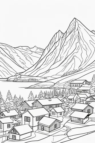 icelandic houses,houses clipart,mountain huts,coloring page,line drawing,ushuaia,mountain village,wooden houses,carcross,stellenbosch,alpine village,mono-line line art,mountain settlement,coloring pages,tarasp,lillooet,nuuk,small towns,escher village,ketchikan,Illustration,Black and White,Black and White 04