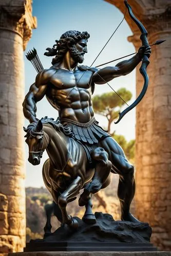 Sagittarius statue, ancient Greek mythology, bronze material, intricate details, muscular male body, centaur-like lower body, horse legs, human torso, archer pose, bow and arrow in hand, determined fa