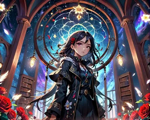 Big hyperdetailed Dreamcatcher in the starry nebula sky. native Indian gorgeous anime girl making magic with feathers and flowers. Starry sky background. Manga anime style Takeshi Obata.,morag,yuzhin,