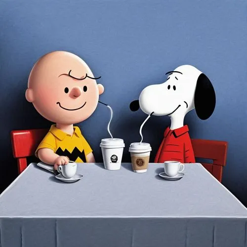 Describe Charlie Brown and snoopy drinking coffee,snoopy,peanuts,coffee break,drinking coffee,coffee with milk,cups of coffee,a cup of coffee,coffee time,teatime,cup of coffee,tea time,dog cafe,coffe,