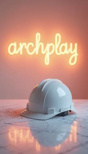 an architectural blueprint and a  white construction helmet on a white table in a white studio background with orange neon studio lights reflecting on the helmet. the word 'archplay' is written behind