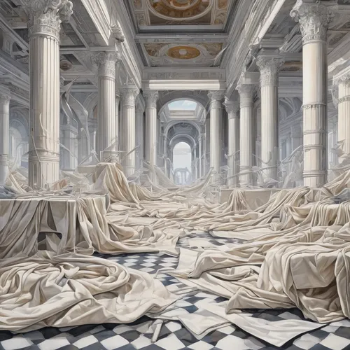 marble palace,luxury decay,rolls of fabric,marble,hall of the fallen,sistine chapel,linens,versailles,neoclassical,classical antiquity,ancient rome,fabric design,clay floor,bed linen,theater curtain,athens art school,pompeii,crumpled paper,duvet cover,parthenon,Art,Classical Oil Painting,Classical Oil Painting 02