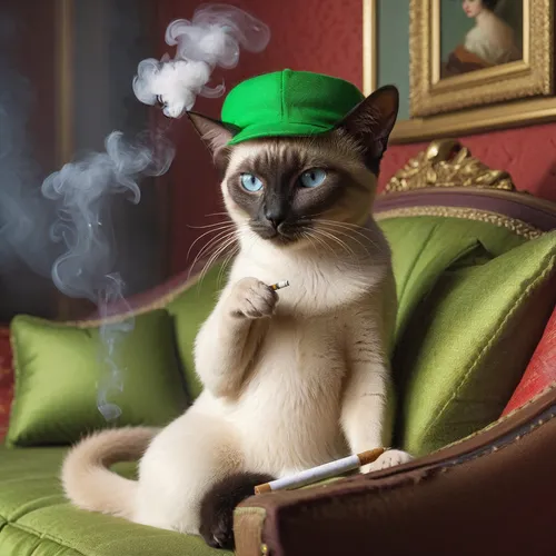 tea party cat,napoleon cat,siamese cat,aristocrat,birman,green smoke,vintage cat,figaro,pipe smoking,tonkinese,animals play dress-up,cat drinking tea,napoleon iii style,shisha smoking,siamese,smoke dancer,cat image,cat sparrow,funny cat,smoking cigar