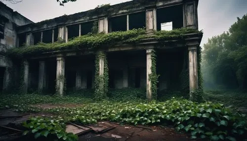 Failed architectural structure, abandoned building, broken columns, shattered glass, rusty iron beams, worn-out concrete, ivy-covered walls, overgrown with weeds, eerie atmosphere, misty morning, dim 