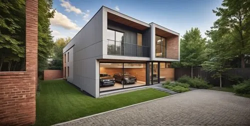 casa minimalista moderna fotografica realita con algunos muros en ladrillo a la vista ventanas marco de aluminio, dinteles en ladrillo a la vista, puerta de garaje en aluminio negro fondo en una ciuda