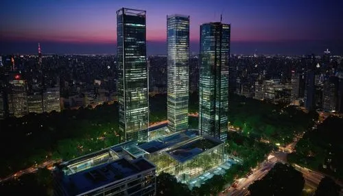 Modern skyscraper, sleek glass facade, steel beams, intricate framework, urban cityscape, bustling streets, nighttime neon lights, reflective windows, angular rooftop, helipad, antennae, communication