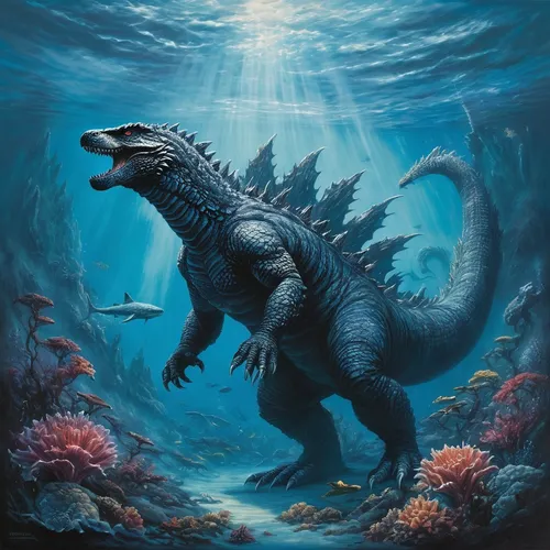 Transport Godzilla into a mesmerizing underwater world, where it encounters a majestic sea creature and forms an unlikely bond.,marine reptile,ankylosaurus,marine iguana,cynorhodon,spinosaurus,tyranno