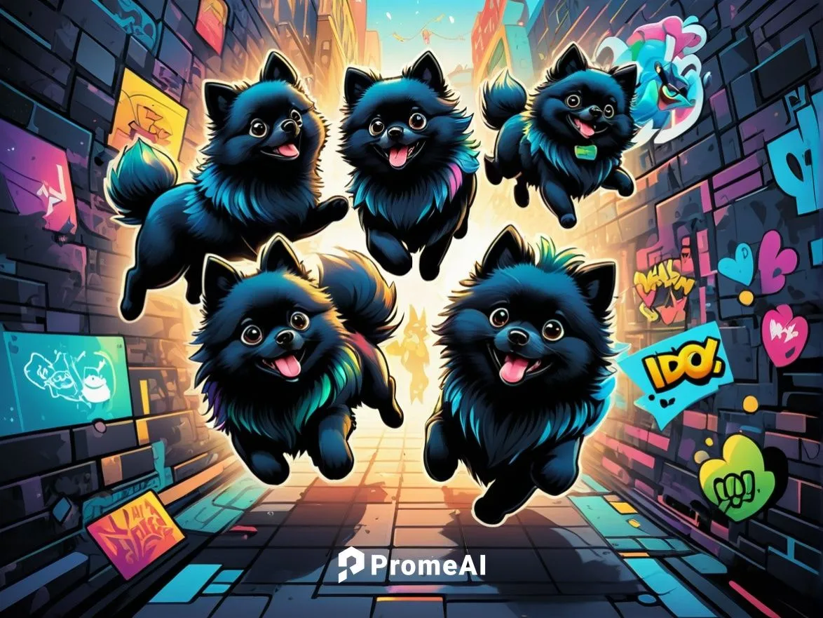 2D drawn Cartoon illustration of 3 black Pomeranian dogs, STRICTLY THREE DOGS, completely black fur, running, jumping, playing together, looney tunes, comic book, graffiti wall background, funny, cute