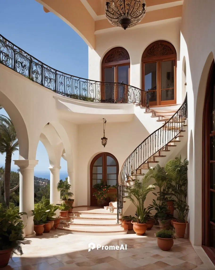 Modern villa, Mediterranean style, white stucco walls, red terracotta roof, large windows, French doors, ornate wooden door, Juliet balcony, curved staircases, marble floors, high ceilings, grand chan