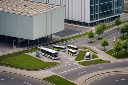 a bus station with a park next to it. Two buildings are behind it, separated by a street.,three buses parked in front of two large buildings,microbuses,model buses,buslines,citybus,city bus,trolleybus